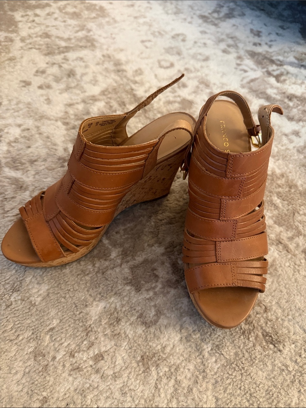 Franco Sarto Cognac Leather Strappy Wedge Sandals